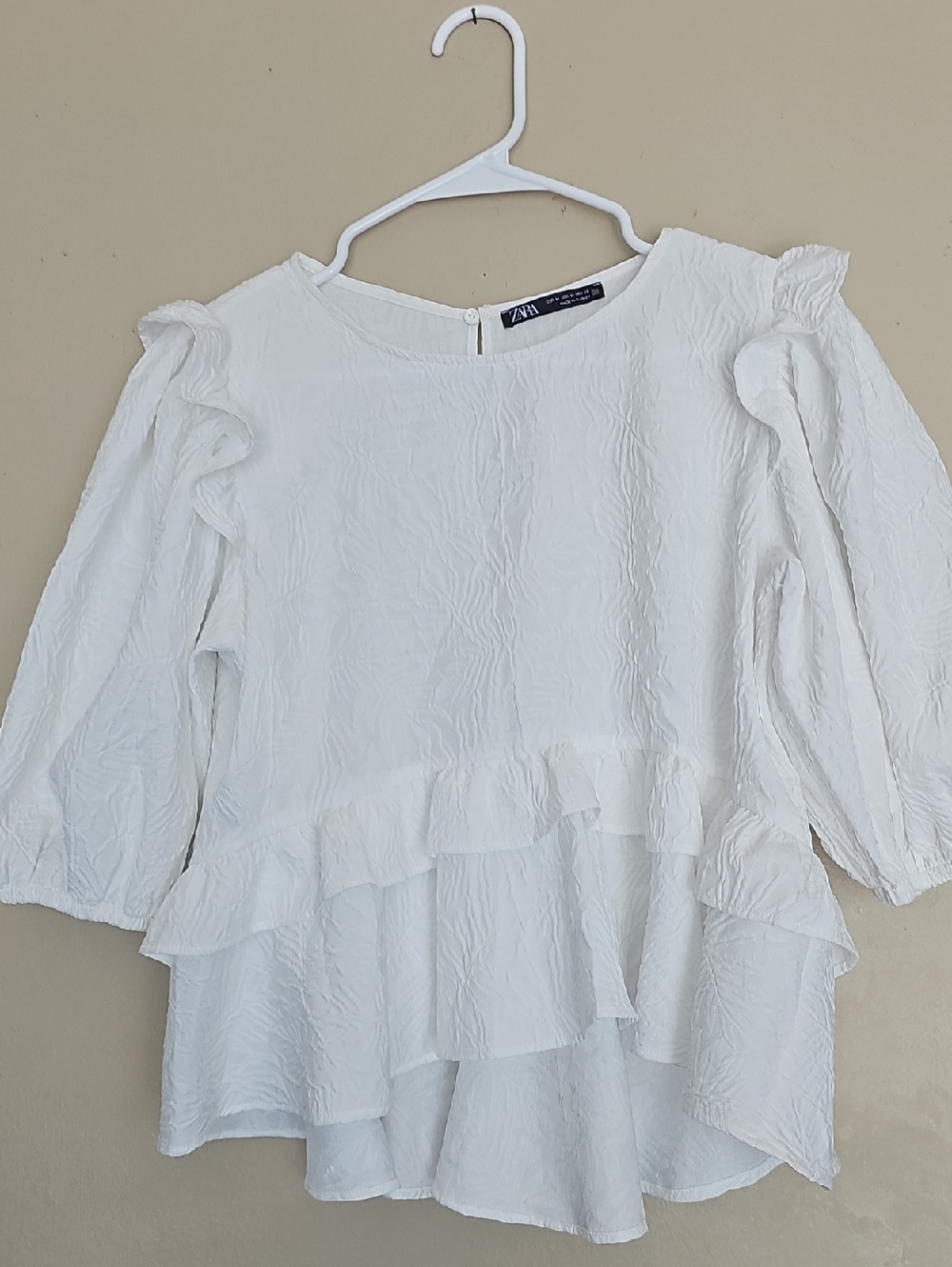Zara White Layered Ruffle Long-Sleeve Blouse